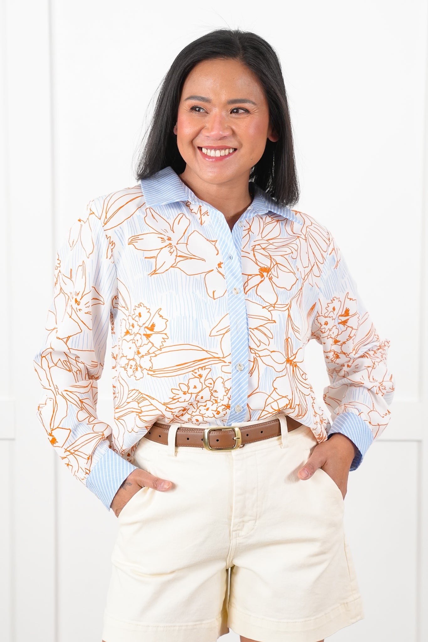 Floral Print Long Button Down Top with Trim Detail