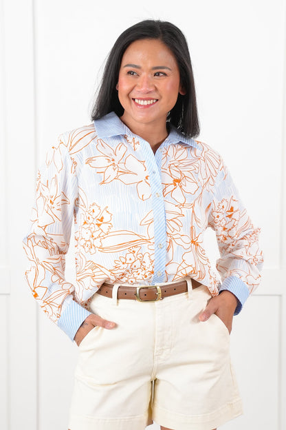 Floral Print Long Button Down Top with Trim Detail