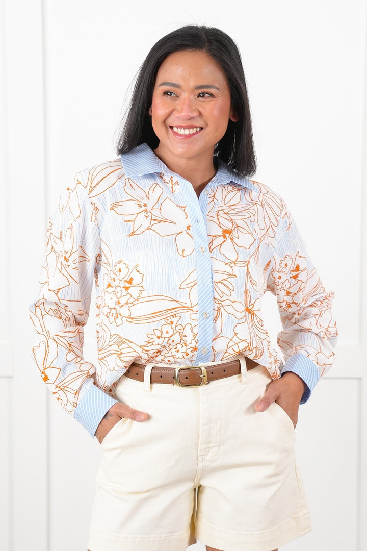 Floral Print Long Button Down Top with Trim Detail - Freckled Poppy