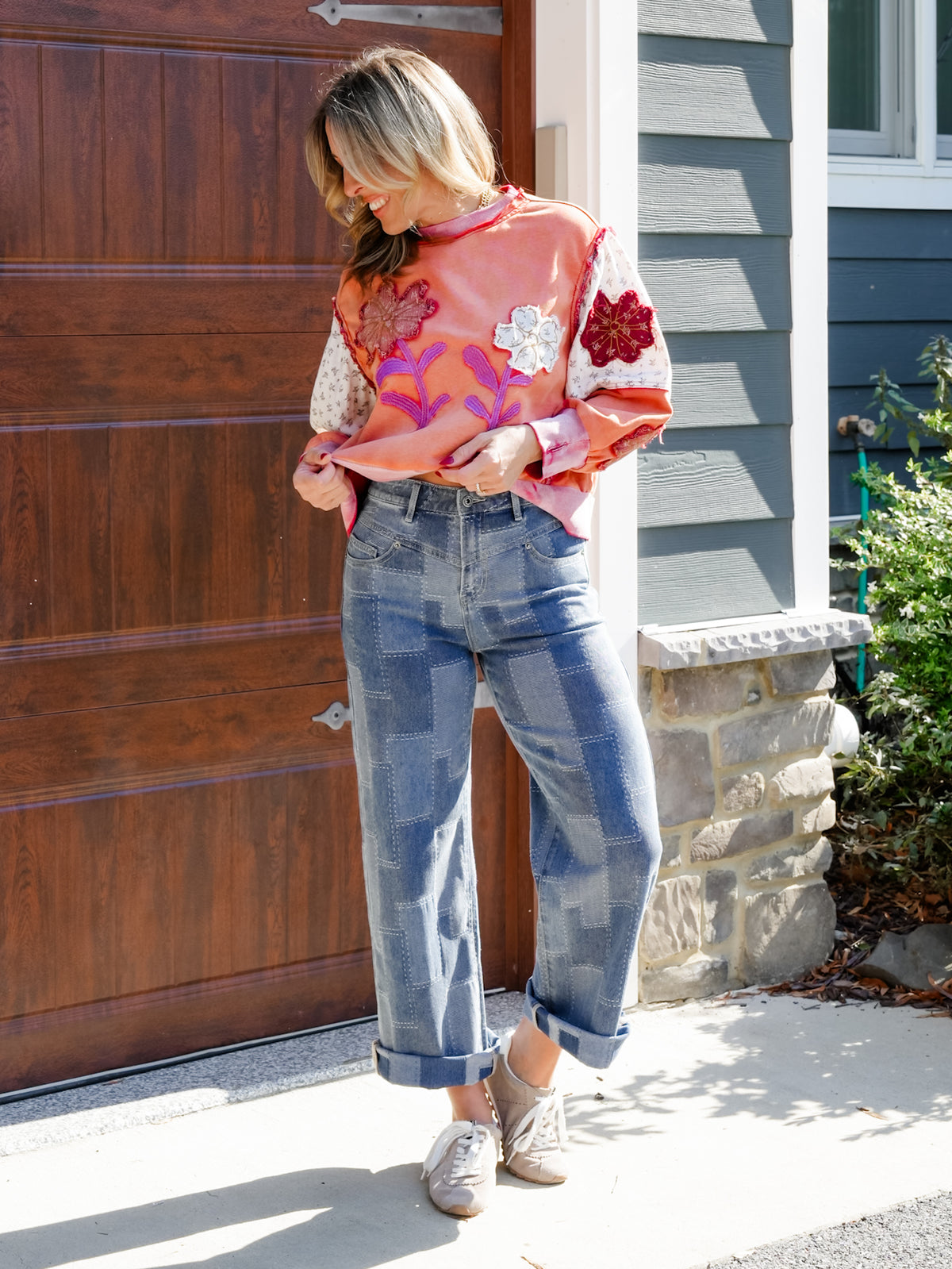 Mica High Rise Medium Wash Wide Leg Patch Jeans