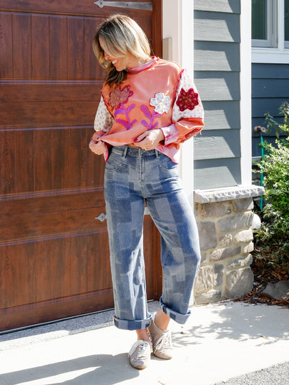 Mica High Rise Medium Wash Wide Leg Patch Jeans