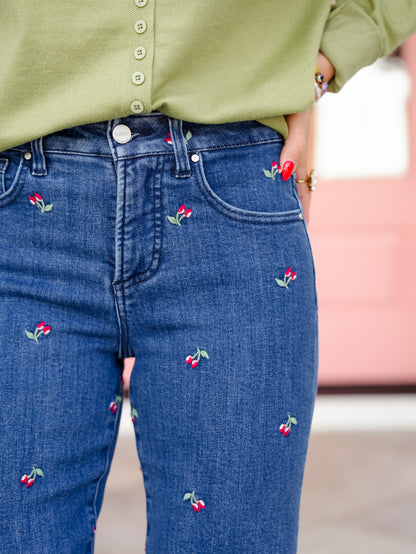 Risen High Rise Dark Wash Tummy Control Straight Leg Jeans With Embroidered Cherries