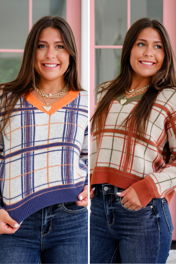 Plaid Long Sleeve V Neck Sweater