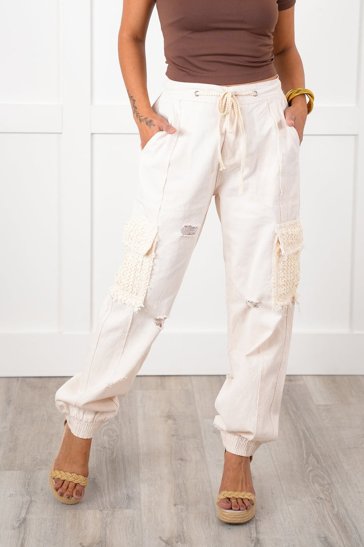 POL Distressed Almond Denim Cargo Joggers with Lace Detail