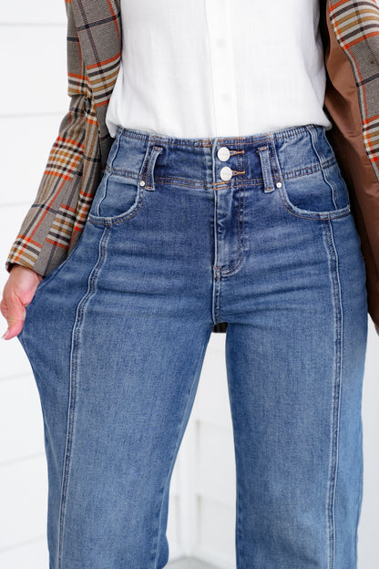 Risen The Statement Straight High Rise Medium Wash Ankle Wide Leg Jeans with Front Seam