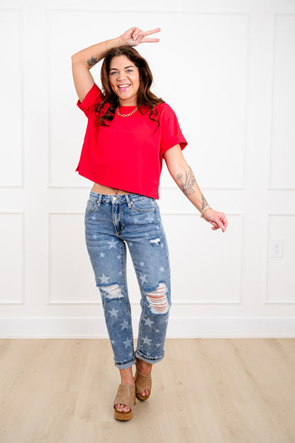 Saige Mid Rise Medium Wash Slim Boyfriend Jeans with Star Print