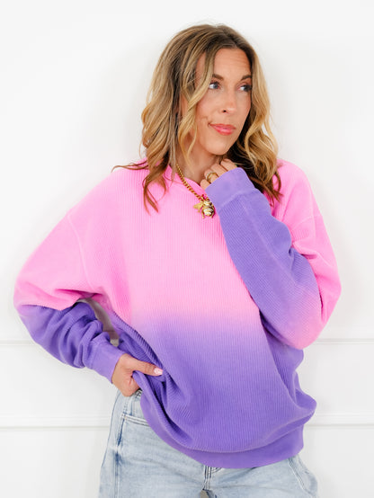 Plus/Reg Dip Dyed Corded Long Sleeve Pullover Top