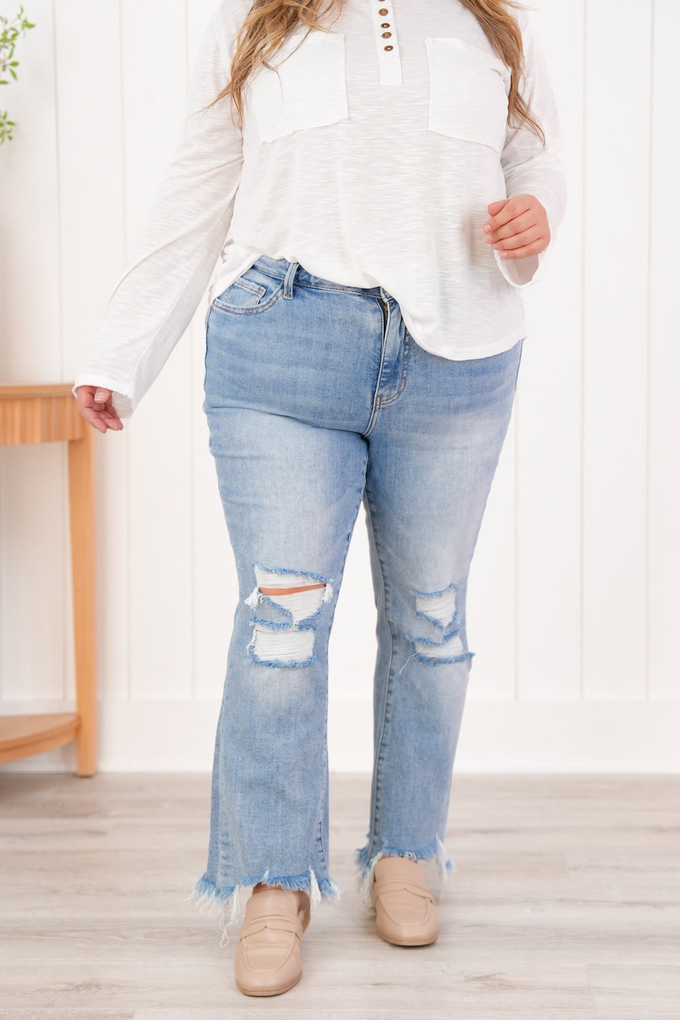 Lovervet High Rise Medium Wash Distressed Cropped Flare Jeans