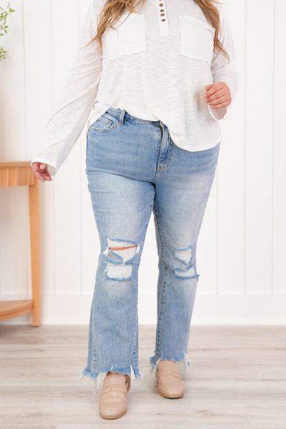 Lovervet High Rise Medium Wash Distressed Cropped Flare Jeans