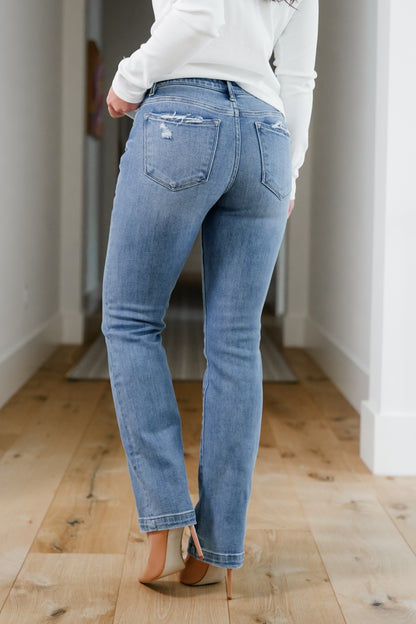 Risen Mid Rise Medium Wash Tummy Control Slim Straight Leg Jeans with Hidden Elastic Waistband