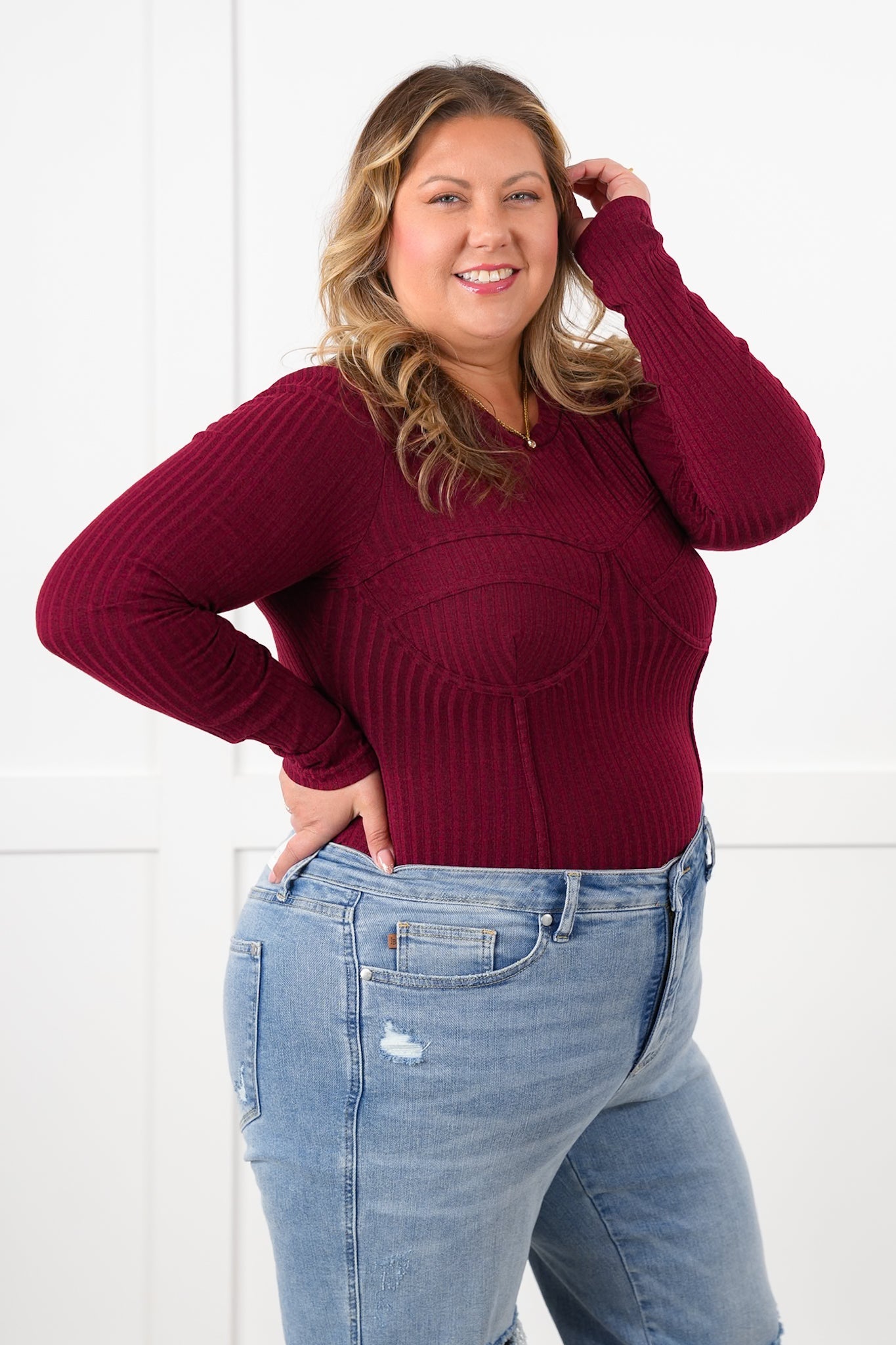 Ribbed Knit Long Sleeve Corset Top