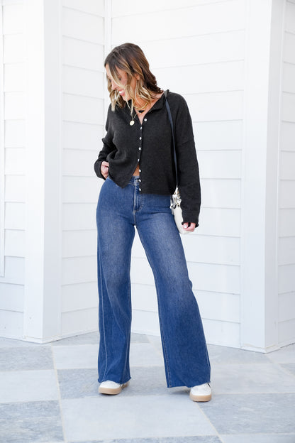Risen High Rise Dark Wash Wide Leg Flare Jeans