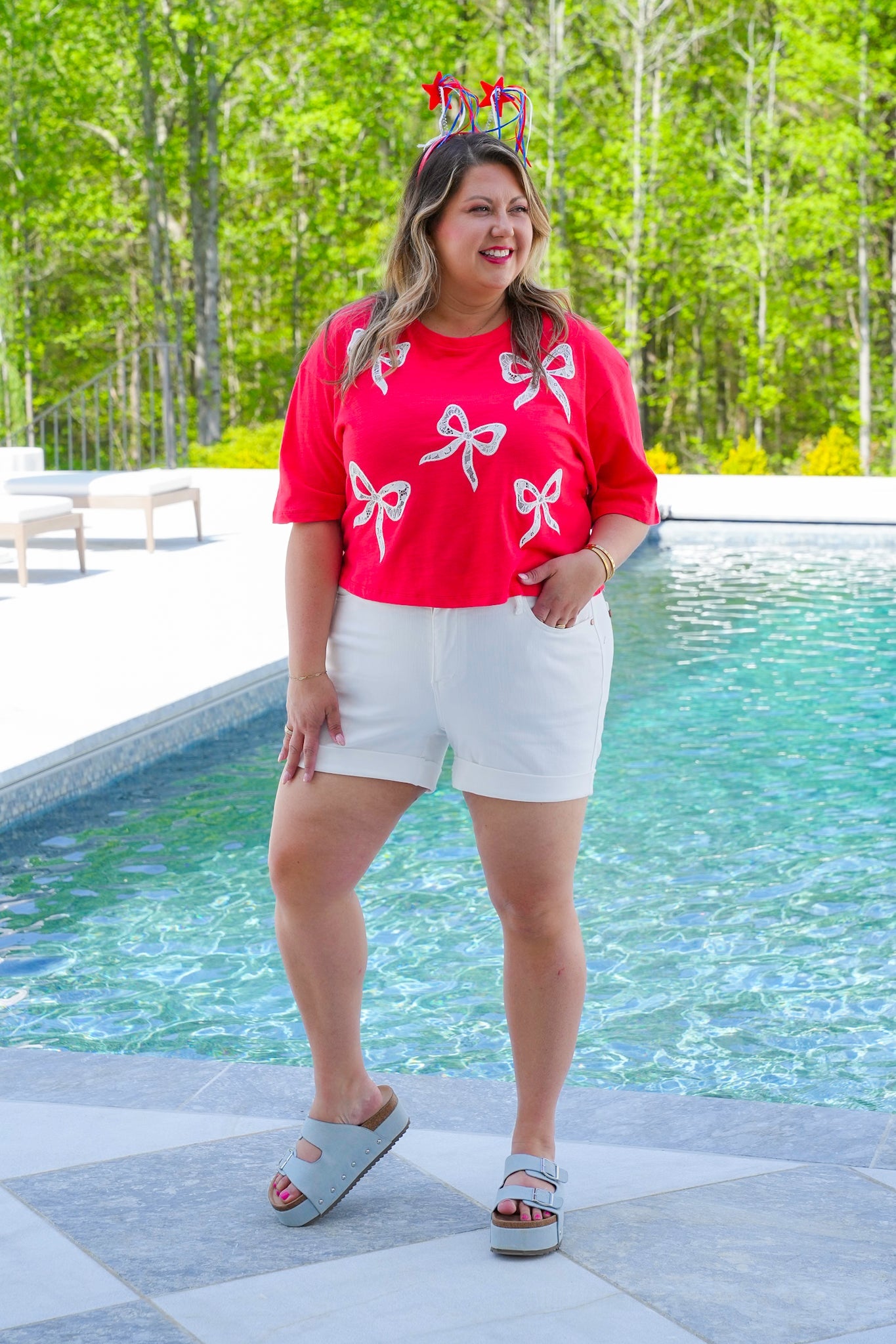 Short Sleeve Crop Top with Lace Bow Detail