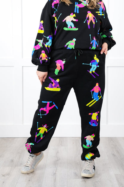 Plus/Reg Queen Of Sparkles All Over Neon Sequin Skiers Elastic Waist Joggers
