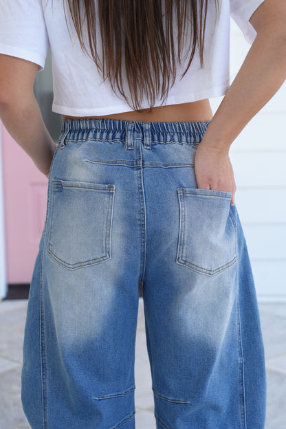 Restock! Non-Distressed Barrel Jeans with Elastic Waist Detail