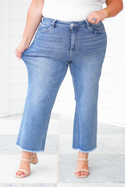 Lovervet High Rise Medium Wash Cropped Slim Wide Leg Jeans