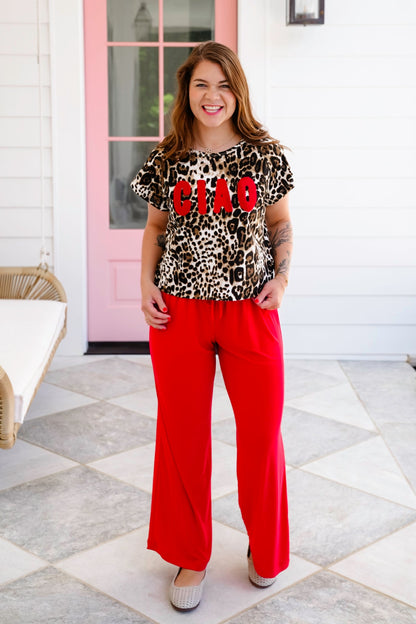 Plus/Reg Leopard Short Sleeve Top with "CIAO" Patch Detail