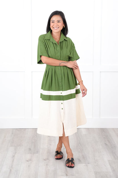 Color Block Short Sleeve Button Down Midi Dress