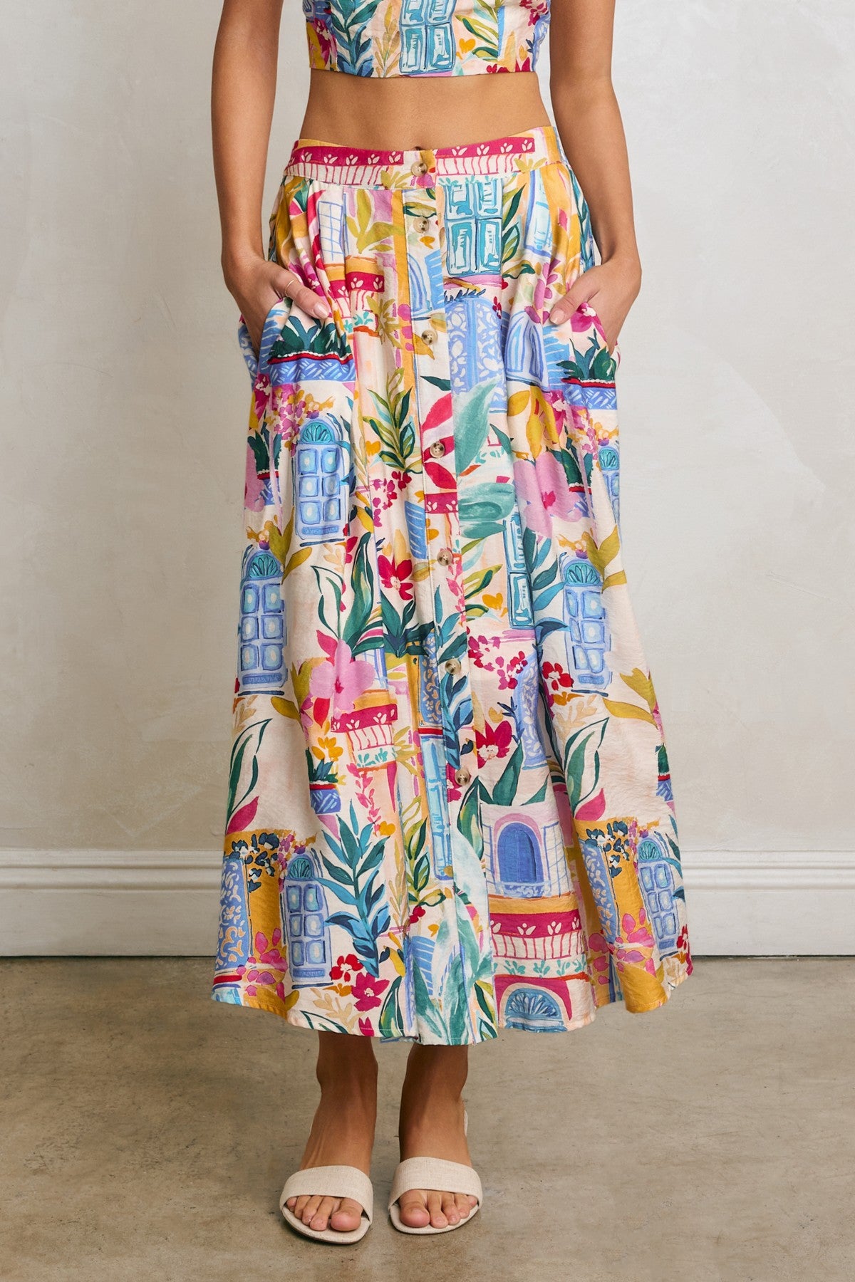 Coastal Print Elastic Waist Button Down Midi Skirt
