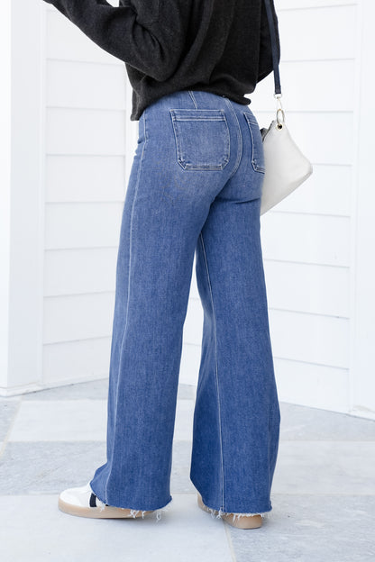 Risen High Rise Dark Wash Wide Leg Flare Jeans