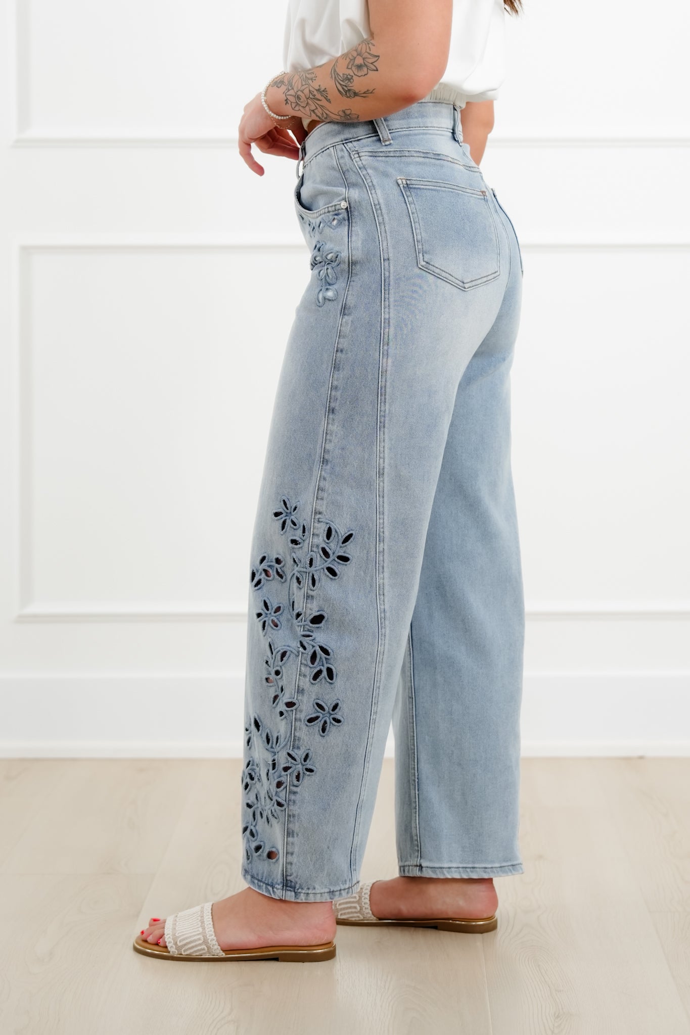 Saige High Rise Light Wash Tummy Control Barrel Jeans with Embroidery