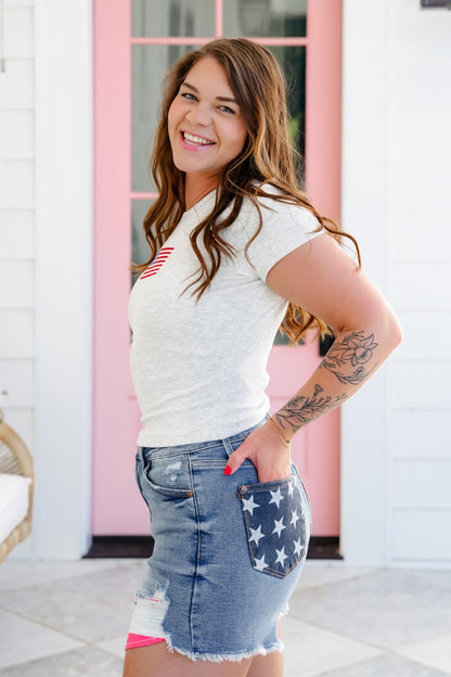 Short Sleeve Top with Embroidered American Flag Patch