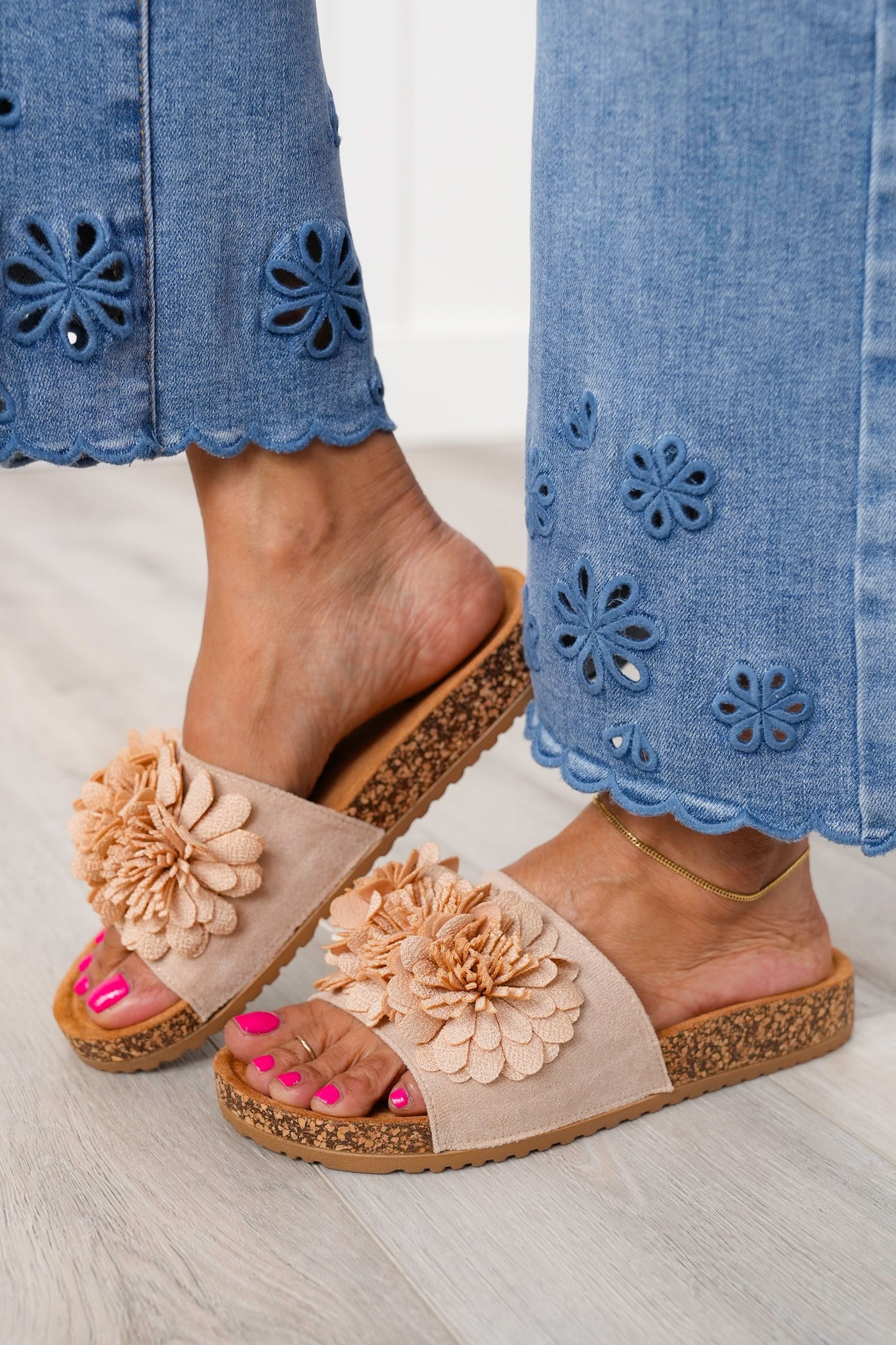 Corky's "Wild Child" Cork Slide Sandals with Floral Accents