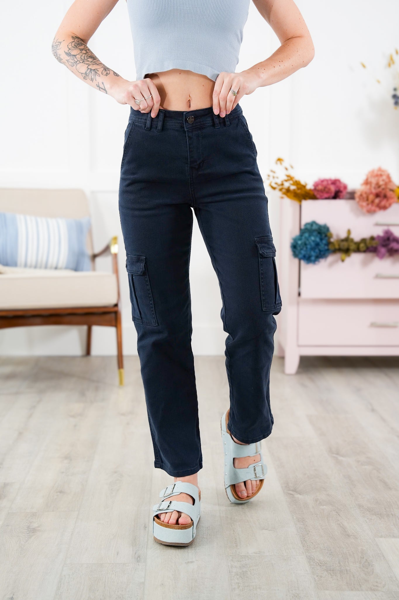 Risen High Rise Navy Cargo Pants