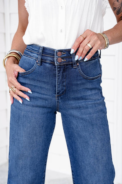 Risen Material Girl High Rise Medium Wash Tummy Control Double Button Elastic Waistband Jeans