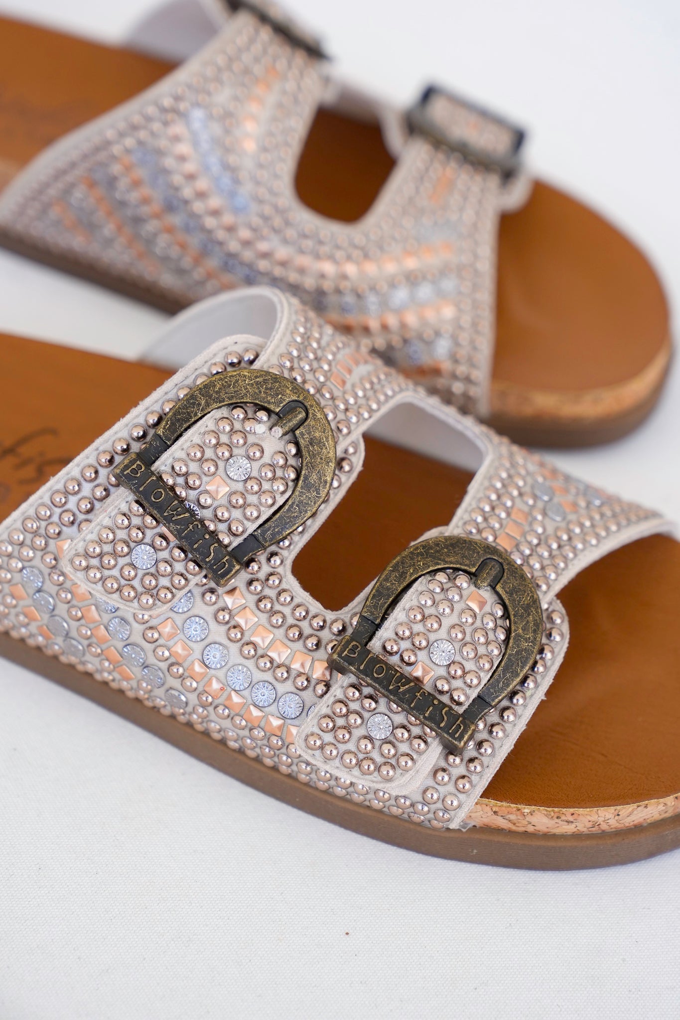 Blowfish Studded Cork Slide Sandals with Adjustable Buckle Detail