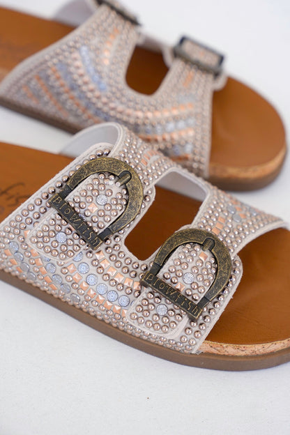 Blowfish Studded Cork Slide Sandals with Adjustable Buckle Detail