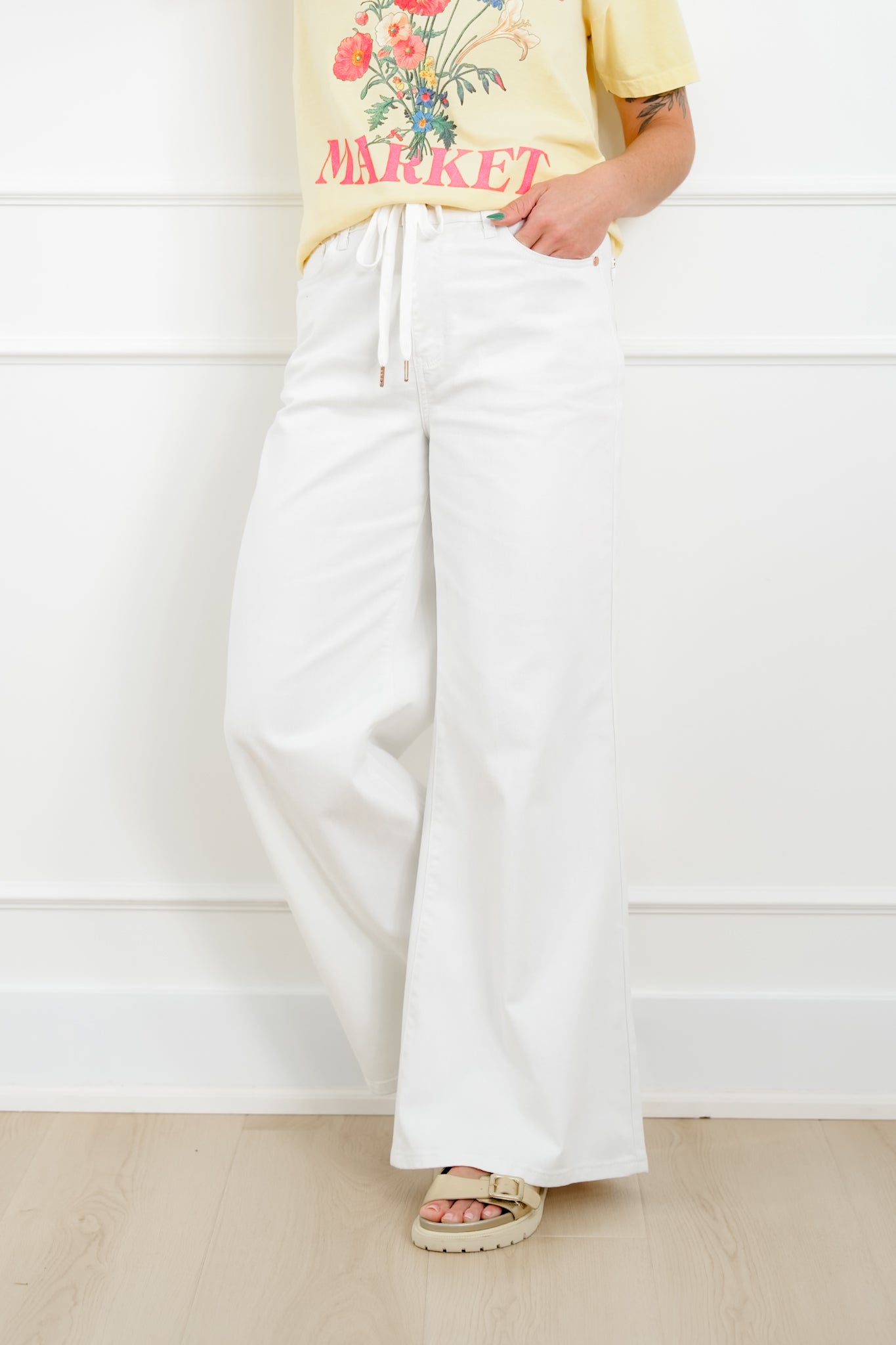 Judy Blue The Sunday Stroll High Rise Multiple Inseam White Featherweight Palazzo Jeans with Elastic Waistband