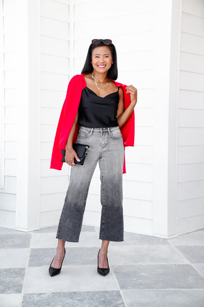 Judy Blue High Rise Vintage Grey Wash Cropped Wide Leg Jeans with Front Pocket Embroidery