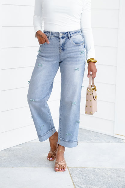 Risen High Rise Light Wash Crop Barrel Jeans with Bow Detail