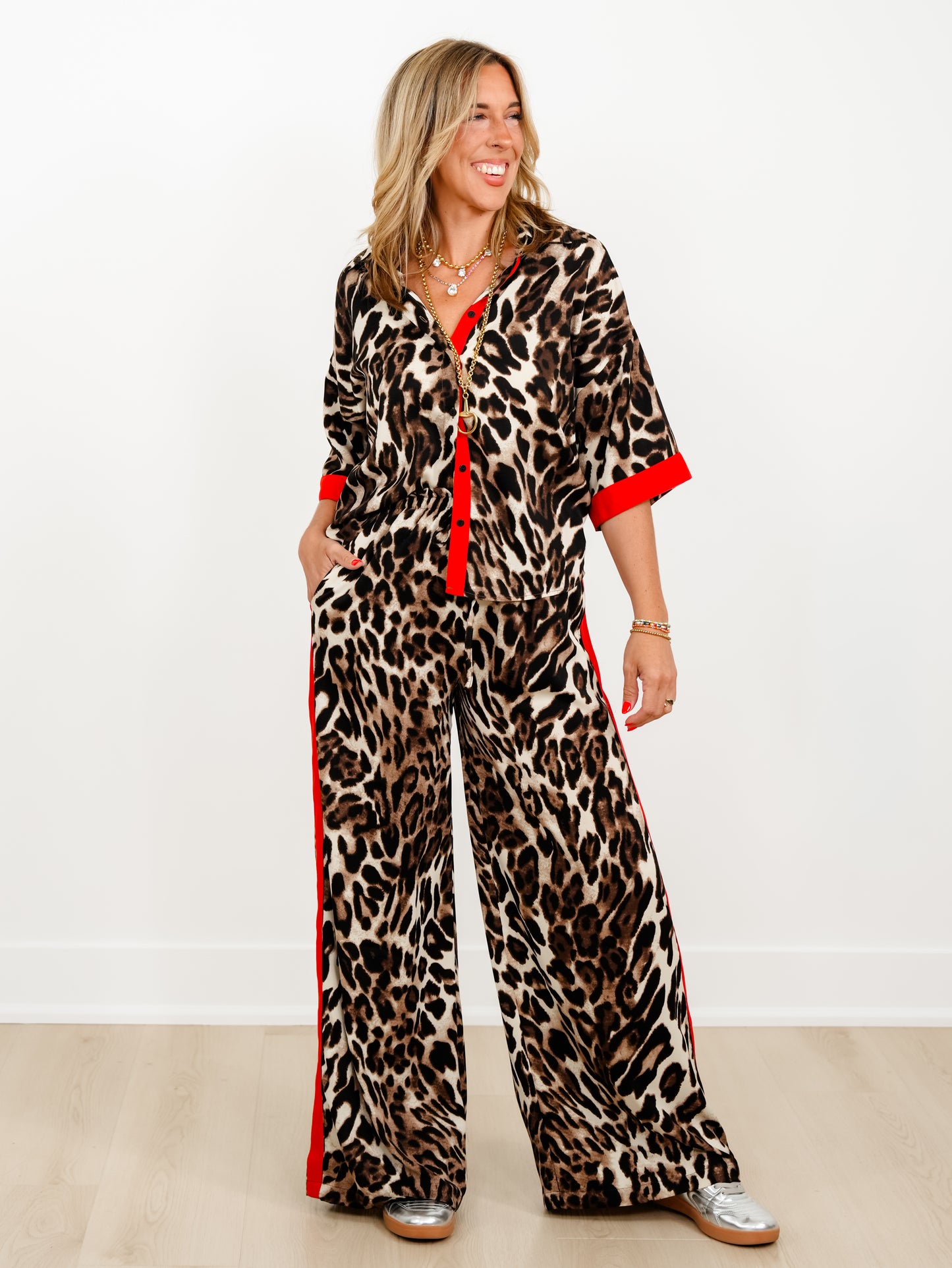 Leopard Print Elastic Waist Pants with Red Side Stripe