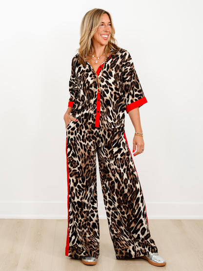 Leopard Print Elastic Waist Pants with Red Side Stripe
