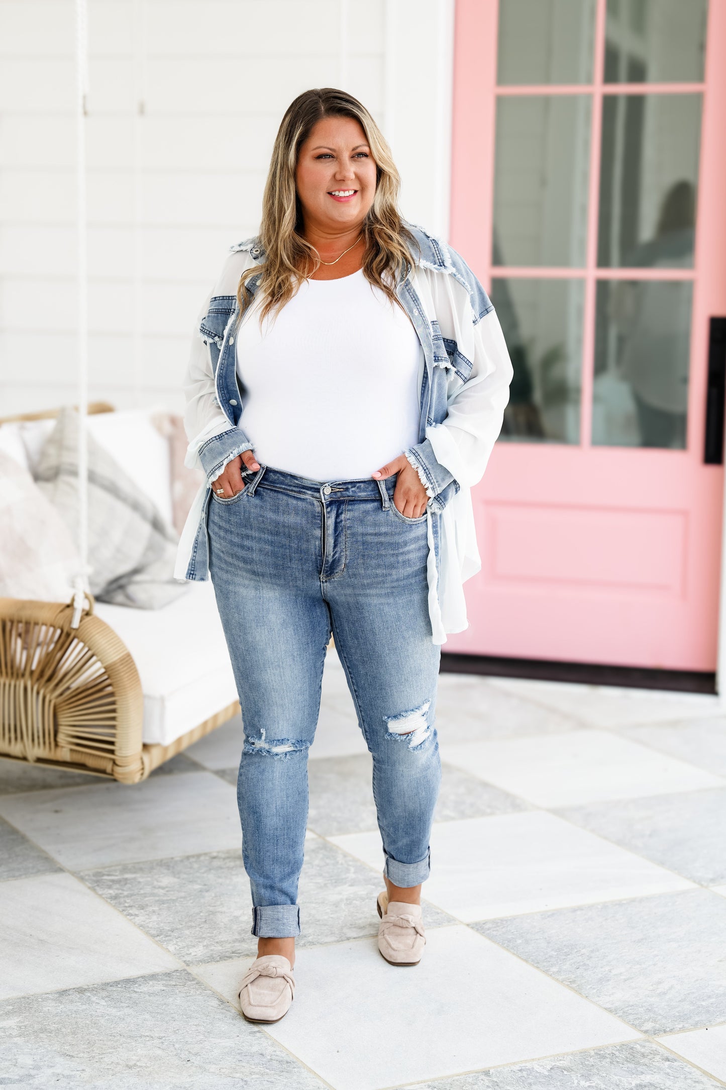 Judy Blue Easy Street Mid Rise Medium Wash Distressed Cuffed Skinny Jeans