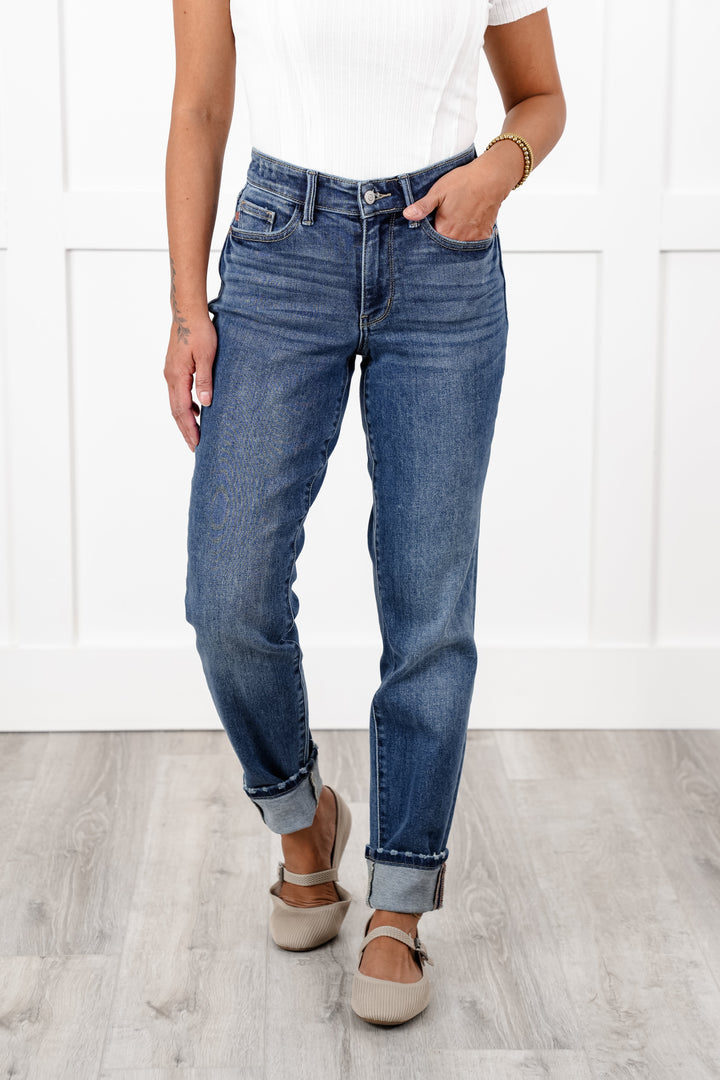 Judy Blue Mid Rise Dark Wash Cuffed Boyfriend Jeans