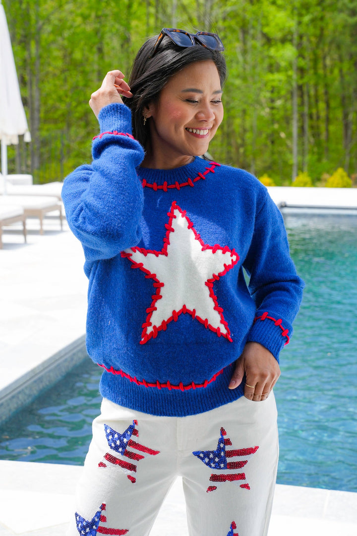 Blue Long Sleeve Pullover Sweater with Star Patch Detail