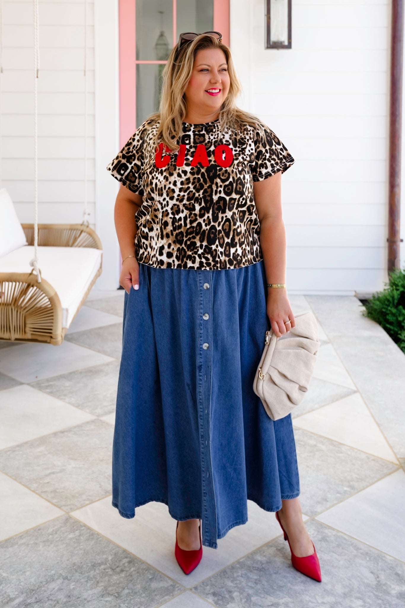 Plus/Reg Leopard Short Sleeve Top with "CIAO" Patch Detail