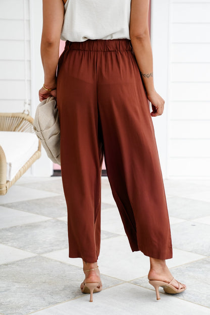 Solid Woven Elastic High Waist Wide Leg Pants