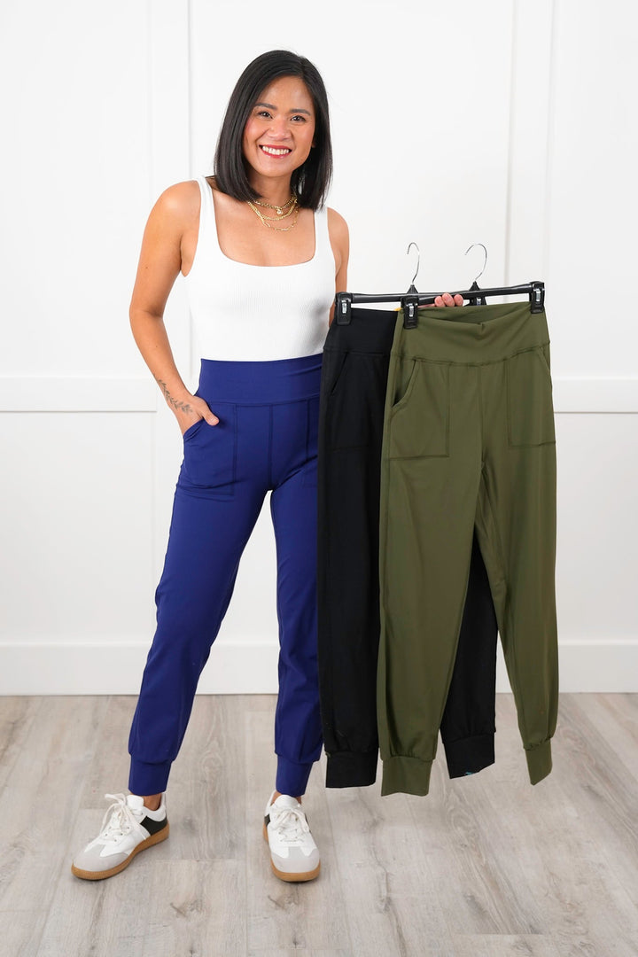 Plus/Reg Solid Elastic High Waisted Joggers
