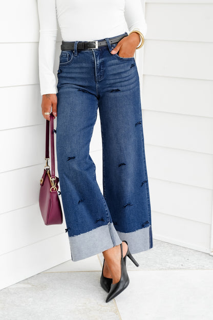 Risen High Rise Dark Wash Tummy Control Crop Wide Leg Jeans with Bows