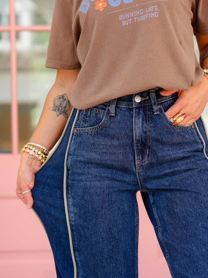Saige High Rise Dark Wash Tummy Control Barrel Jeans With Side Panel