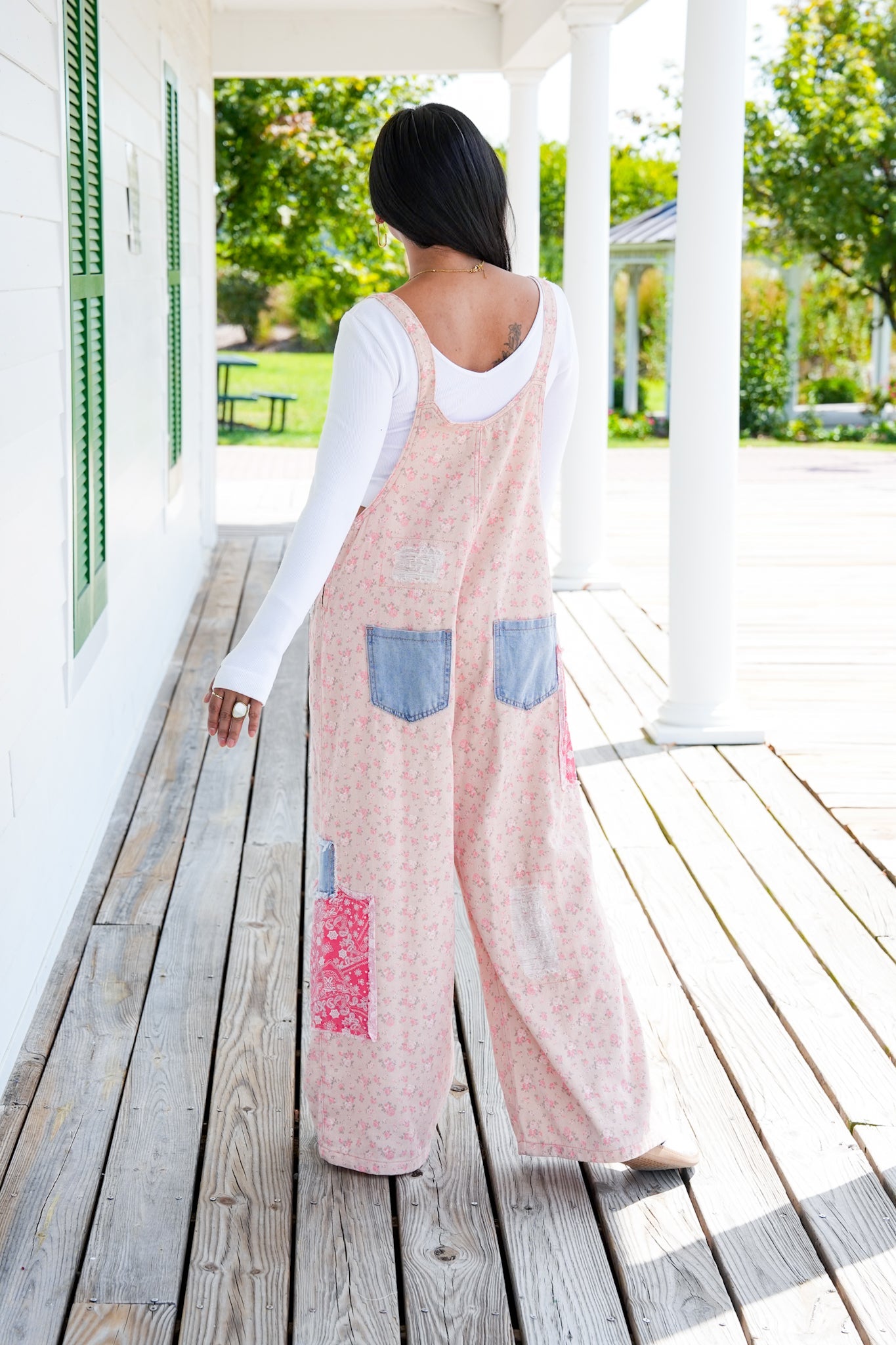 POL Floral Sleeveless V-Neck Denim Overalls With Patch Detail