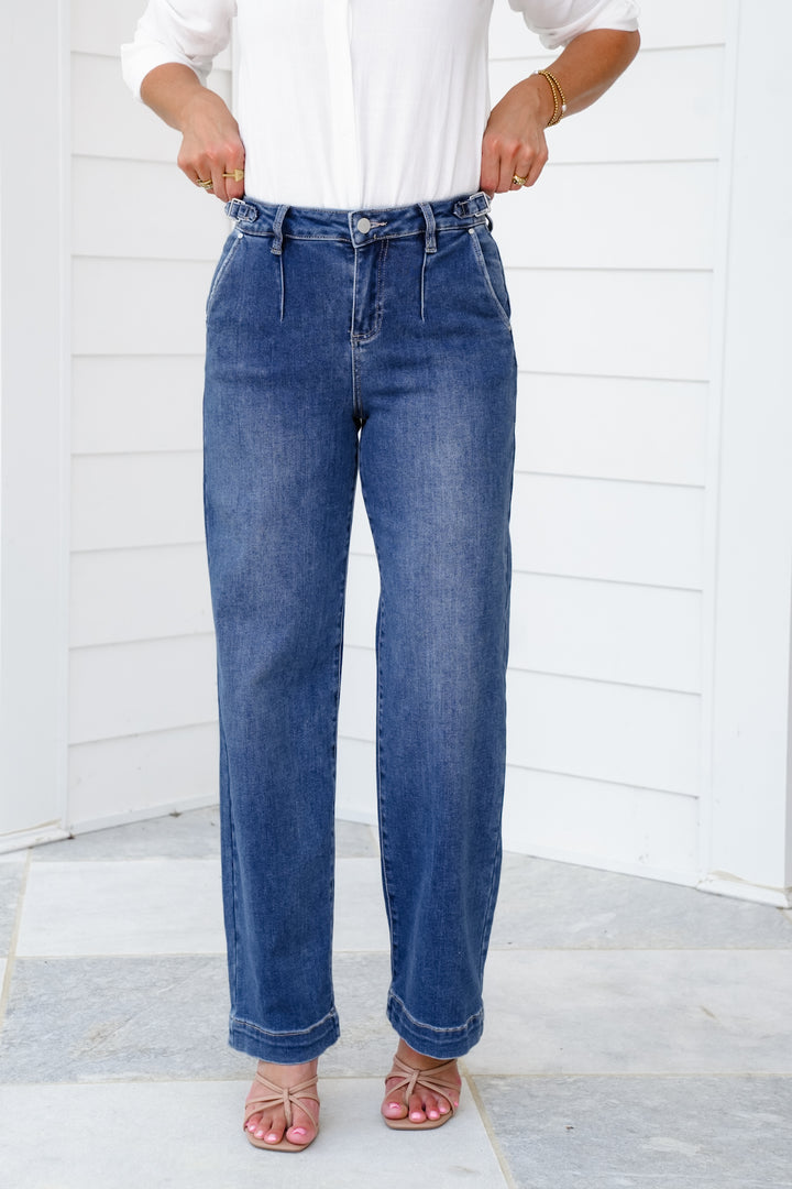 Risen High Rise Medium Wash Adjustable Waistband Wide Leg Pleated Jeans
