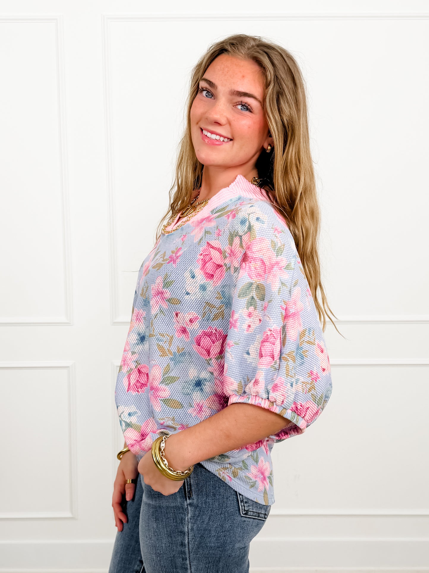 Plus/Reg Floral Print Short Sleeve V Neck Top