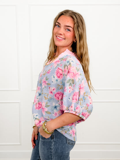 Plus/Reg Floral Print Short Sleeve V Neck Top