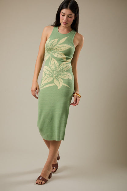 Knit Sleeveless Flower Print Midi Dresses