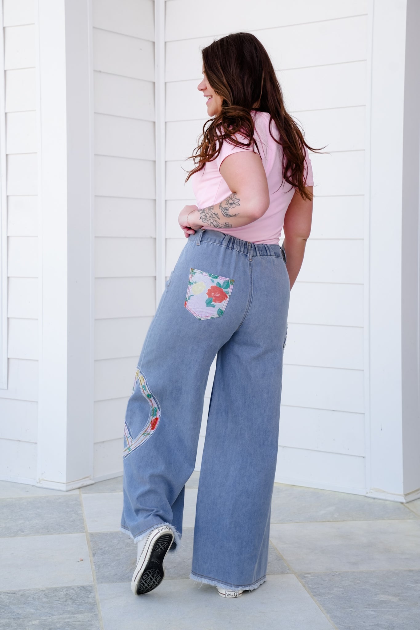 POL Vintage Wash Denim Wide Leg Pants with Peace Sign Patch Detail
